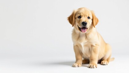 Golden retriever puppy standing, pure white backdrop, paws, animal