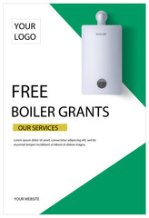 Modern boiler grant promotional poster offering free boiler installation services, featuring a sleek boiler design, clean layout, and vibrant green highlights for energy-saving initiatives.