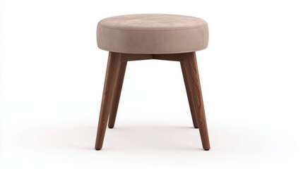 A tan ottoman with wooden legs sits on a white background