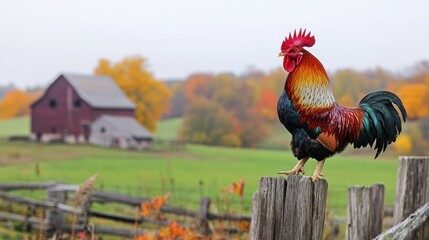 Rooster autumn farm fence post