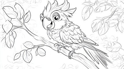 Obraz premium Happy parrot perched on branch, jungle leaves background, coloring page