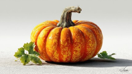 Fresh orange pumpkin with green leaves for autumn harvest season