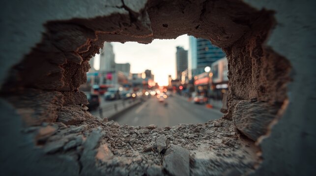 A hole in a wall with a city view in the background. The hole is large enough to see the street below