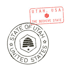 Postal rubber stamps STATE OF UTAH, USA and UT zip code abbreviation. Retro seals for letter envelopes, greeting cards, passports, parcels.