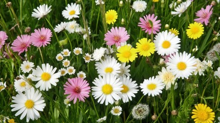 Obraz premium Colorful field of daisies in full bloom, a vibrant display of nature.