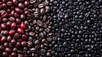 A close up of two different types of coffee beans, one of which is red
