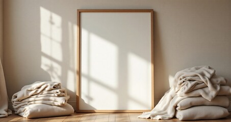 Framed poster mockup with neutral fabric and wood elements. Ideal for branding in fashion, interior, or artisan-themed visuals with warm studio lighting.