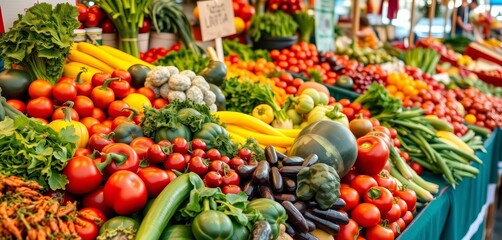 Vibrant display of fresh, colorful produce at a farmer's market, scene, farm stand