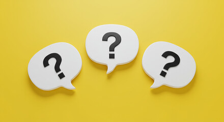 Yellow background with three speech bubbles and question marks representing uncertainty and inquiry