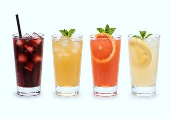 Refreshing selection of four colorful beverages on a light background showcasing summer favorites