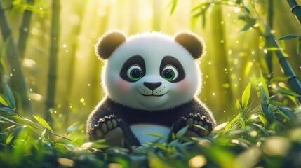 Naklejka premium Cute Panda Cub Bamboo Forest Sunrise