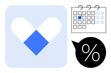 Blue heart-shaped pill icon, marked calendar for scheduled tasks, and bold percentage symbol. Ideal for healthcare management, reminders, solutions, wellbeing, discounts, progress tracking flat