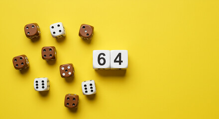 Dice with numbers and pawns on yellow background representing games chance strategy and board gaming