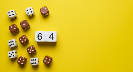 Yellow surface with dice numbers and cubes forming sixty four symbolizing statistics game or probability