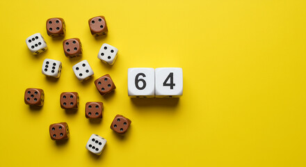 Number sixty four formed with brown and white dice on yellow background representing gaming or lottery