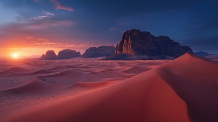 Vibrant sunset over serene desert landscape.