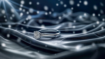 Diamond engagement ring on silky velvet fabric with romantic sparkling bokeh background, ideal for wedding invitations, love celebrations, jewelry ads and luxury branding