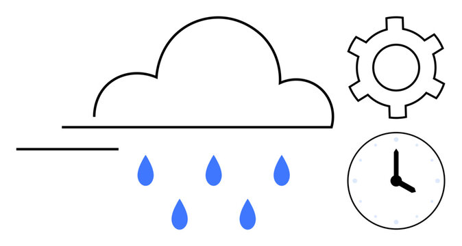 Cloud releasing rain, gear symbolizing mechanisms, and clock indicating time. Ideal for weather, technology, automation, productivity, management, process flow and simple landing page