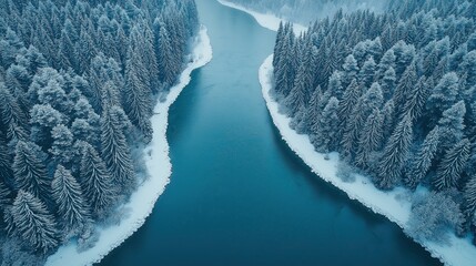 Aerial view of a snowy forest and river.