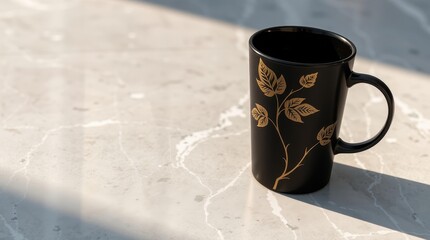 A stylish cup with a bright floral pattern on a monochrome background. This image is perfect for coffee break, morning breakfast and decor themes. Stylish and elegant.