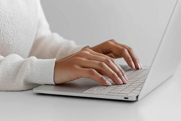 Close-up of woman's hands typing on a laptop keyboard, showcasing elegant nails and a minimalist workspace.