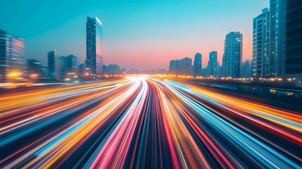 Obraz premium Futuristic Cityscape with High-Speed Transportation Infrastructure and Blurred Motion