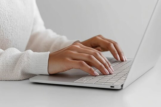 Close-up of woman's hands typing on a laptop keyboard, showcasing elegant nails and a minimalist workspace.