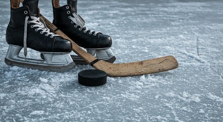 Ice Skates and Stick on Frozen Ice Rink Surface