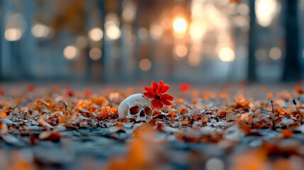 Skull and Red Flower on Autumn Leaves in a Park at Sunset