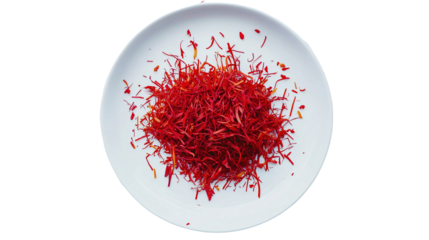 Saffron spice threads (strands) isolated on white background