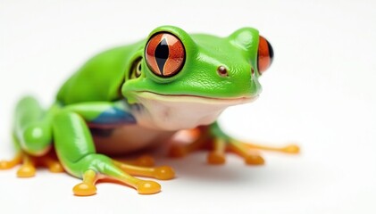 Obraz premium Green tree frog, vibrant skin, white background, wildlife, isolated