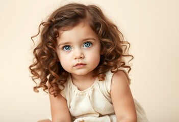 Naklejka premium Portrait of a 3-year-old girl with curly brown hair and bright blue eyes