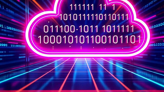 Futuristic digital cloud with binary code glowing in neon, set in a vibrant tech-inspired environment