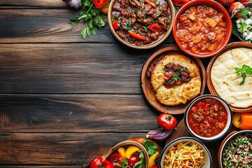 A table full of food with a variety of dishes including rice, beans. , with ample copy space for text.