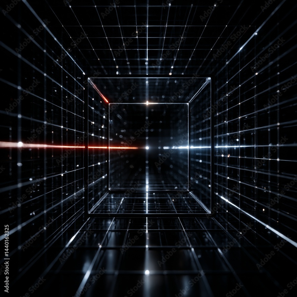 Poster Abstract Cube in a Dark Grid: Light and Geometry Combine in a Modern, Technological Rendering