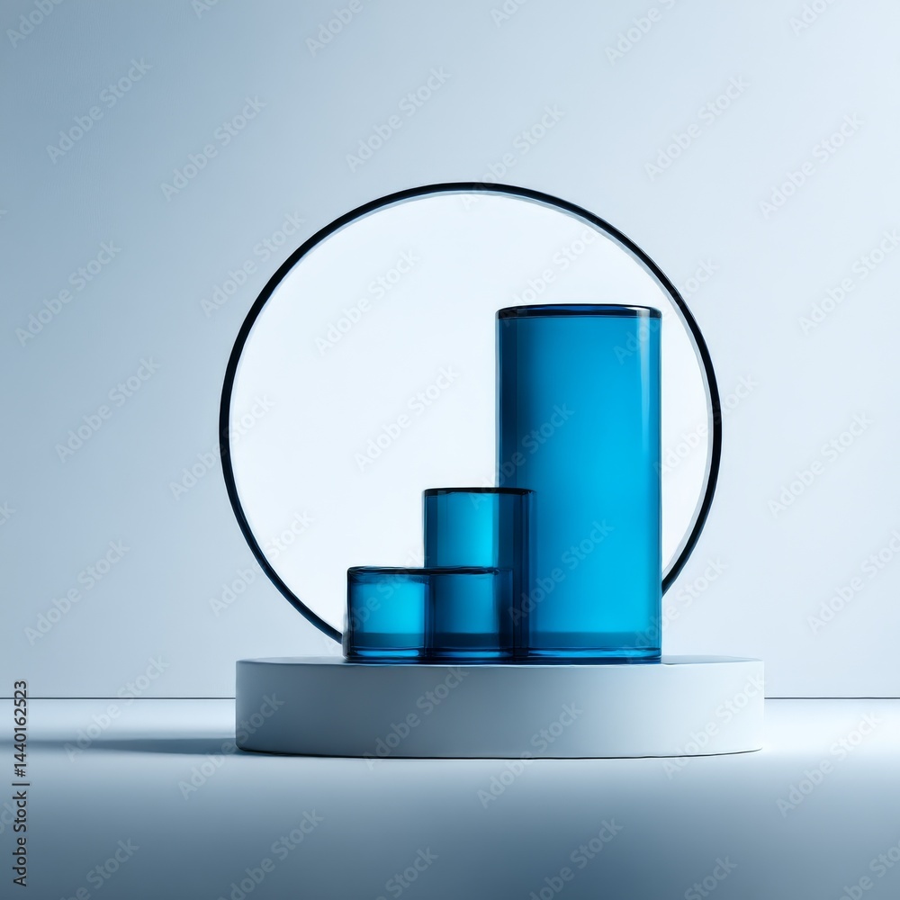Aufkleber blue cylinders on a white pedestal with a circular frame - abstract still life arrangement in soft l