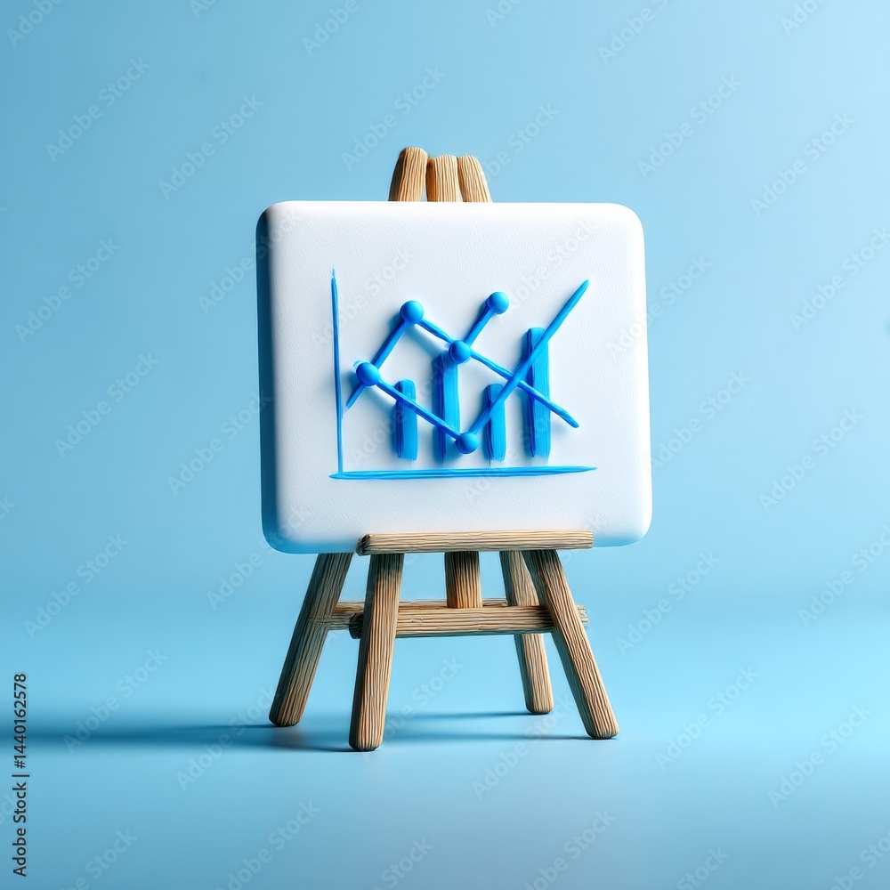 Poster business analytics on display: a miniature easel showcases growth and insights, on a soft blue backd