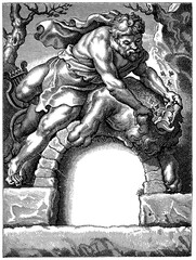 Baroque style title page from "Gedichten", engraved after Rubens by Galle, Plantin Press, Antwerp, vintage book illustration. Publication of the "Meyers encyclopedia", Vol. 6, Leipzig, Germany, 1910.