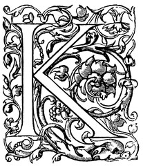 Black and white initial letter "K" by Tory, late 16th century, vintage book illustration in Renaissance style. Publication of the "Meyers encyclopedia", Vol. 6, Leipzig, Germany, 1910.