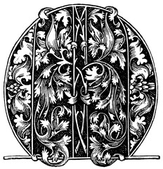 Black and white Gothic letter "M" by Israel van Meckenen, vintage book illustration in medieval style. Publication of the "Meyers encyclopedia", Vol. 6, Leipzig, Germany, 1910.