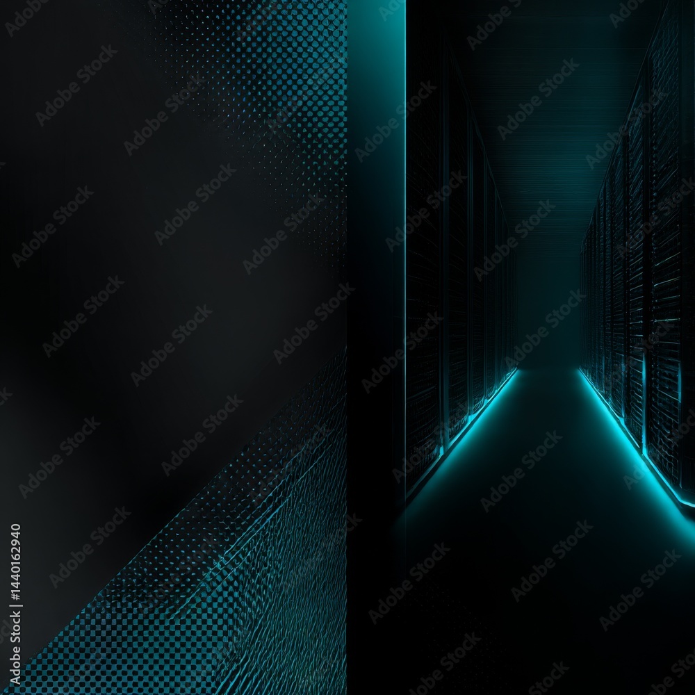 Poster Data Center Corridor: A futuristic perspective of servers in glowing teal, highlighting network architecture and information storage.