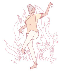 A vibrant and colorful illustration of a dancer joyfully expressing herself amidst beautiful floral elements and nature