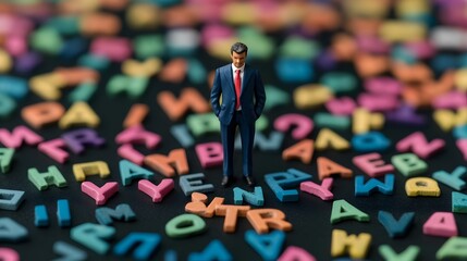 Miniature Businessman Navigating Scattered Alphabet Symbolizing Meaning in Business
