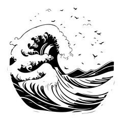 Dynamic monochrome illustration: Ocean wave with birds in flight silhouette