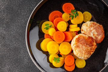 Cutlets vegetarian boiled carrot bowl natural food vegetable dish organic fresh gourmet food background on the table rustic food top view copy space keto paleo diet vegetarian vegan food