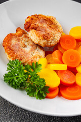 Cutlets vegetarian boiled carrot bowl natural food vegetable dish organic fresh gourmet food background on the table rustic food top view copy space keto paleo diet vegetarian vegan food