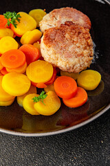 Cutlets vegetarian boiled carrot bowl natural food vegetable dish organic fresh gourmet food background on the table rustic food top view copy space keto paleo diet vegetarian vegan food