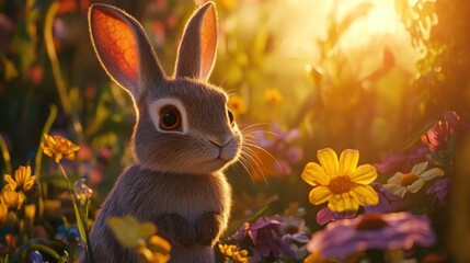 Fototapeta premium Bunny Meadow Sunset, Spring Flowers