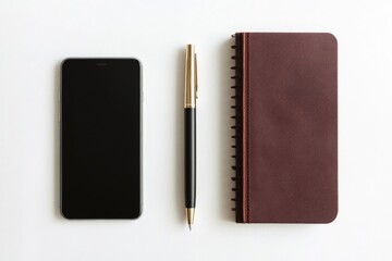 Smartphone, notebook, and pen arranged on a white background, suggesting work or study.