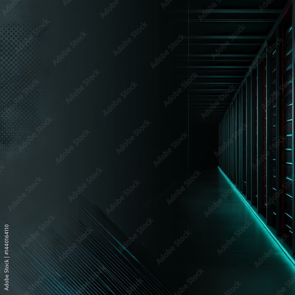 Leinwandbilder server room tunnel: dark data center with glowing edge light and dim red displays - digital infrastr